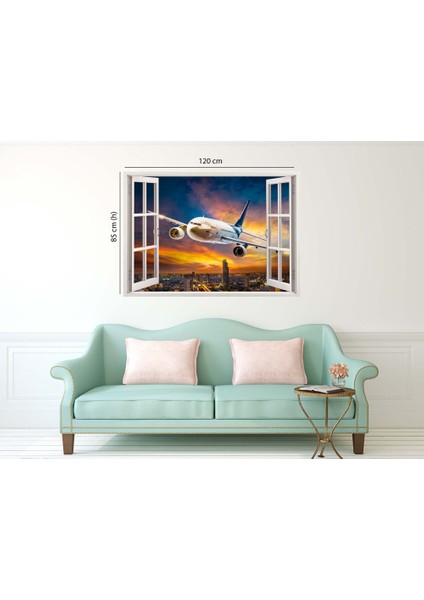Pencereden Şehir Manzarası ve Uçak, Duvar Sticker, 3 Boyutlu Beyaz Pencere Sticker fiyatları
