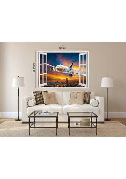 Pencereden Şehir Manzarası ve Uçak, Duvar Sticker, 3 Boyutlu Beyaz Pencere Sticker modelleri