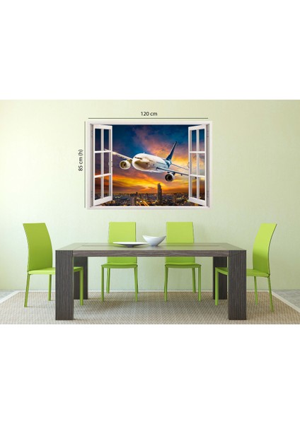 Pencereden Şehir Manzarası ve Uçak, Duvar Sticker, 3 Boyutlu Beyaz Pencere Sticker fırsatları