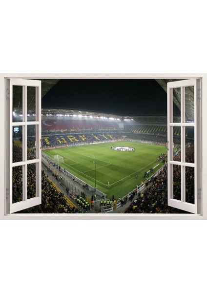 Pencereden İstanbul Sarı Lacivert Stadyum, Duvar Sticker, 3 Boyutlu Beyaz Pencere Sticker