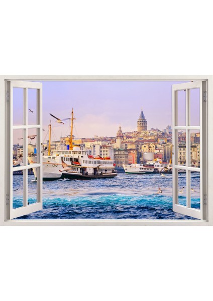 Pencereden İstanbul, Martılar, Galata Kulesi ve Vapur, Duvar Sticker, 3 Boyutlu Beyaz Pencere Sticker