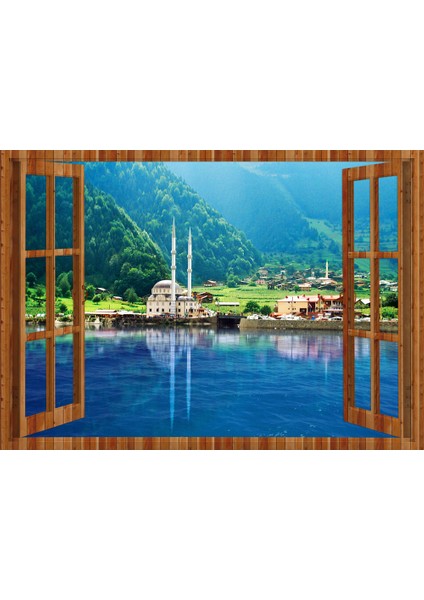 Pencereden Trabzon Uzungöl Manzarası, Duvar Sticker, 3 Boyutlu Ahşap Pencere Sticker