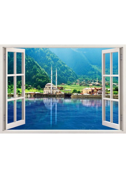 Pencereden Trabzon Uzungöl Manzarası, Duvar Sticker, 3 Boyutlu Beyaz Pencere Sticker