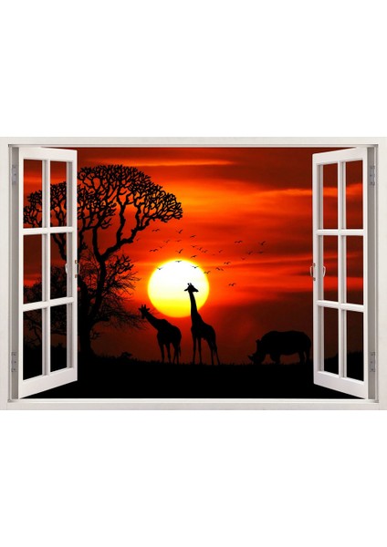 Pencereden Safari Vahşi Hayvanlar ve Gün Batımı , Duvar Sticker, 3 Boyutlu Beyaz Pencere Sticker