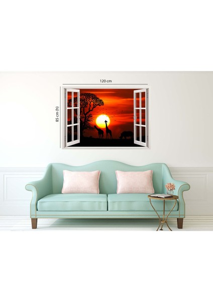 Pencereden Safari Vahşi Hayvanlar ve Gün Batımı , Duvar Sticker, 3 Boyutlu Beyaz Pencere Sticker fiyatları