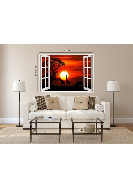 Pencereden Safari Vahşi Hayvanlar ve Gün Batımı , Duvar Sticker, 3 Boyutlu Beyaz Pencere Sticker modelleri