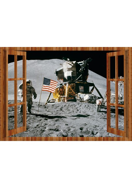Pencereden Ay ve Astronot Duvar Sticker, 3 Boyutlu Ahşap Pencere Sticker