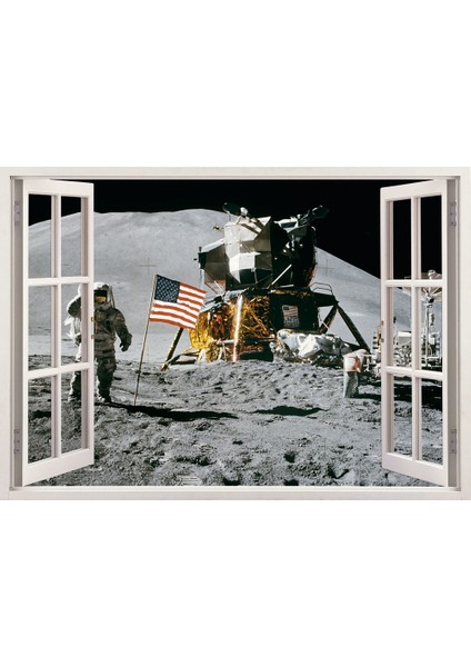 Pencereden Ay ve Astronot Duvar Sticker, 3 Boyutlu Beyaz Pencere Sticker
