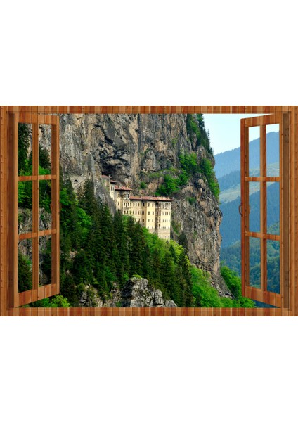 Pencereden Trabzon Sümela Manastırı, Duvar Sticker, 3 Boyutlu Ahşap Pencere Sticker