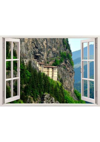 Pencereden Trabzon Sümela Manastırı, Duvar Sticker, 3 Boyutlu Beyaz Pencere Sticker