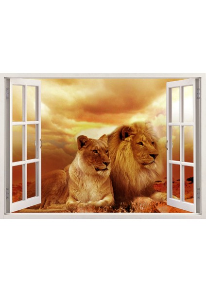 Pencereden Afrika ve Aslanlar, Duvar Sticker, 3 Boyutlu Beyaz Pencere Sticker