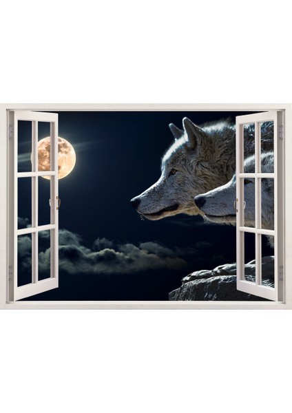 Pencereden Dolunay Bozkurt ve Asena, Duvar Sticker, 3 Boyutlu Beyaz Pencere Sticker