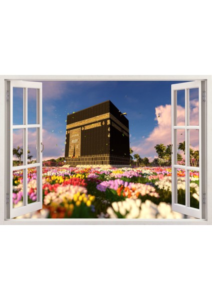 Pencereden Kabe, İslami, Duvar Sticker, 3 Boyutlu Beyaz Pencere Sticker