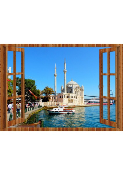Pencereden İstanbul Ortaköy Camii, Duvar Sticker, 3 Boyutlu Ahşap Pencere Sticker