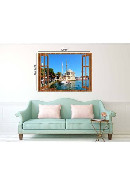Pencereden İstanbul Ortaköy Camii, Duvar Sticker, 3 Boyutlu Ahşap Pencere Sticker