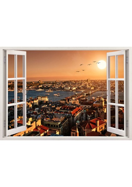 Pencereden Galata Kulesinden İstanbul ve Eminönü, Duvar Sticker, 3 Boyutlu Beyaz Pencere Sticker