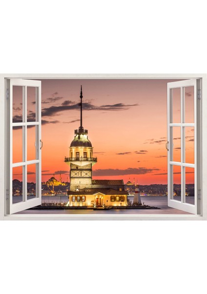 Pencereden Kız Kulesi ve İstanbul, Duvar Sticker, 3 Boyutlu Beyaz Pencere Sticker