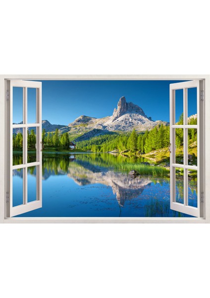 Pencereden Göl ve Manzara, Duvar Sticker, 3 Boyutlu Beyaz Pencere Sticker