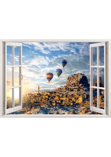 Pencereden Kapadokya Duvar Sticker, 3 Boyutlu Beyaz Pencere Sticker