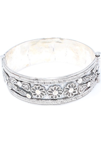 925 Ayar Gümüş Çiçek Desenli Telkari Bilezik WGBL038
