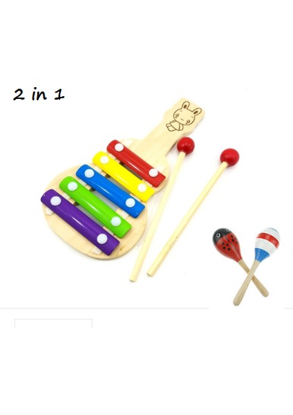 Ahşap Oyuncak Gitar Selefon Ve 2 Adet Marakas