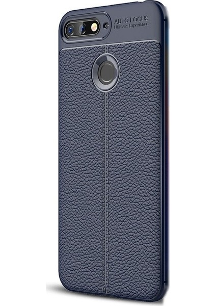 Huawei Y7 2018 Kılıf Niss Silikon Deri Görünüm Dizayn Lacivert