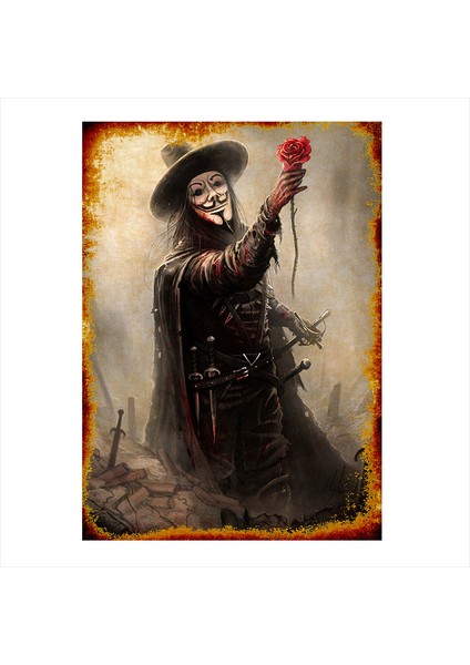 Tablomega Ahşap Tablo Gül Tutan V For Vendetta