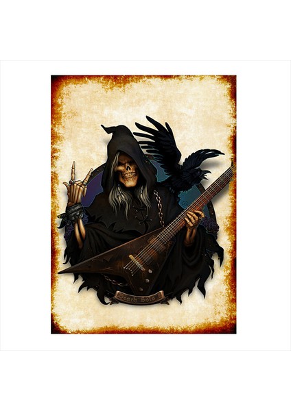 Ahşap Tablo Elektro Gitar Çalan Iskelet