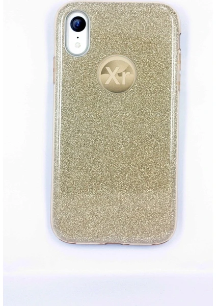 Case 4U Apple iPhone XR Kılıf Çift Katmanlı Simli Shining Sert Silikon Arka Kapak Altın