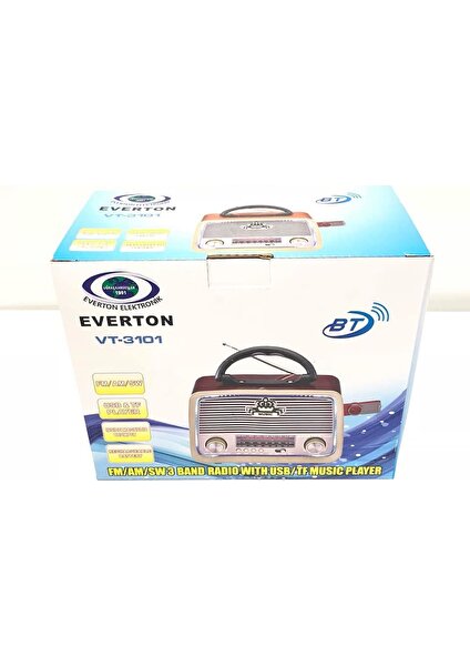 Atasbey - Everton Vt-3101 Bluetooth Nostalji Şarjlı 3 Band Radyo Usb Sd Aux Mp3 Player