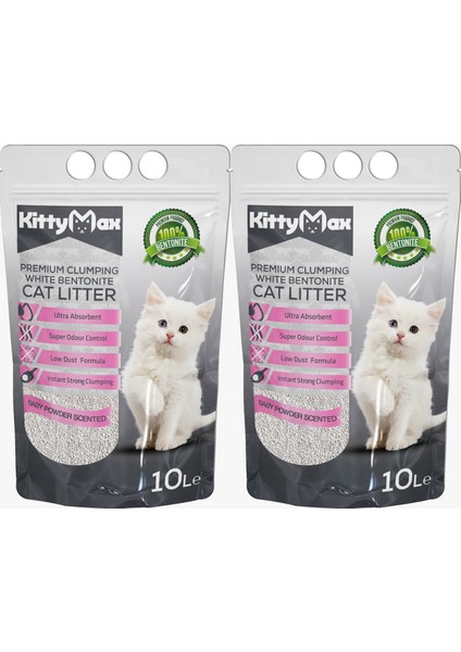 10 Litre Bebek Pudrası Kokulu Bentonit Kedi Kumu 2'li Set