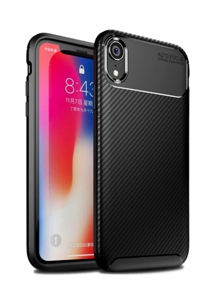 Apple iPhone XR Kılıf Silikon Esnek Karbon Görünümlü Negro Kapak - Siyah