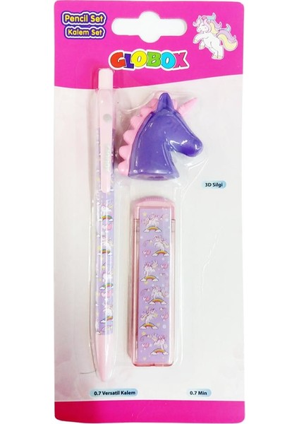 2914 Pembe 0.7 Versatil Kalem Seti Unicorn Model (3D Silgi, Uçlu Kalem, Kalem Ucu)