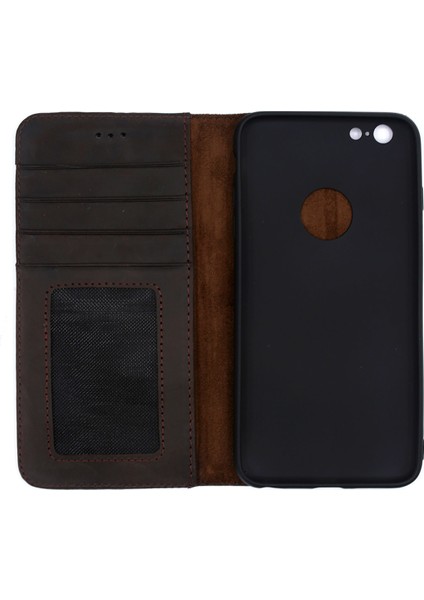 iPhone 6 Plus Kılıf Weoze Kapaklı Deri Cüzdan Kartvizit Para Bölmeli Koyu Kahve