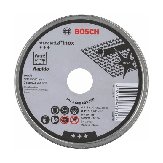 Bosch  - Standard Seri Inox (Paslanmaz Çelik) İçin Düz Kesme Diski (Taş) – Rapido - Wa 60 T Bf, 115 Mm, 22,23 Mm, 1,0 Mm