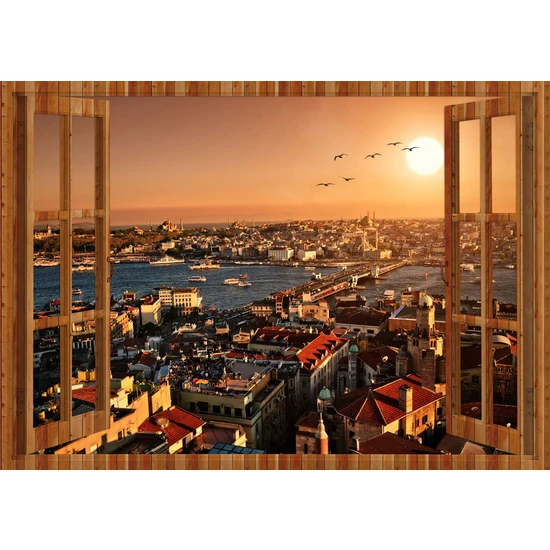 Tilki Dünyası Pencereden Galata Kulesinden İstanbul ve Eminönü, Duvar Sticker, 3 Boyutlu Ahşap Pencere Sticker