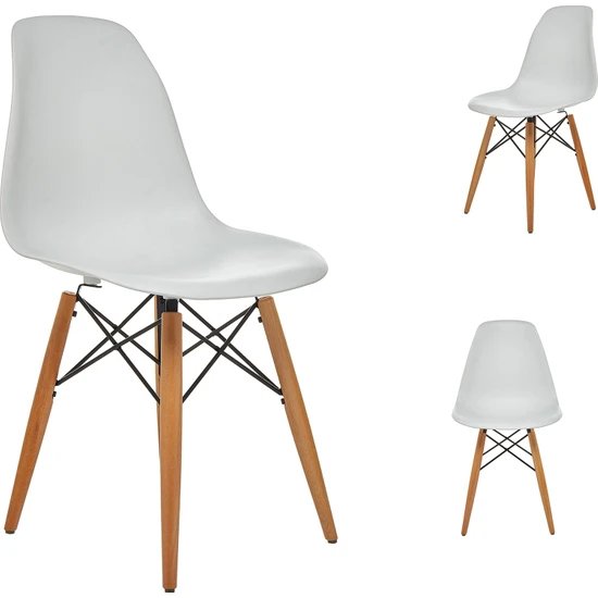 Seduna Beyaz Eames Sandalye - 2 Adet -  Natural Ahşap Ayaklı