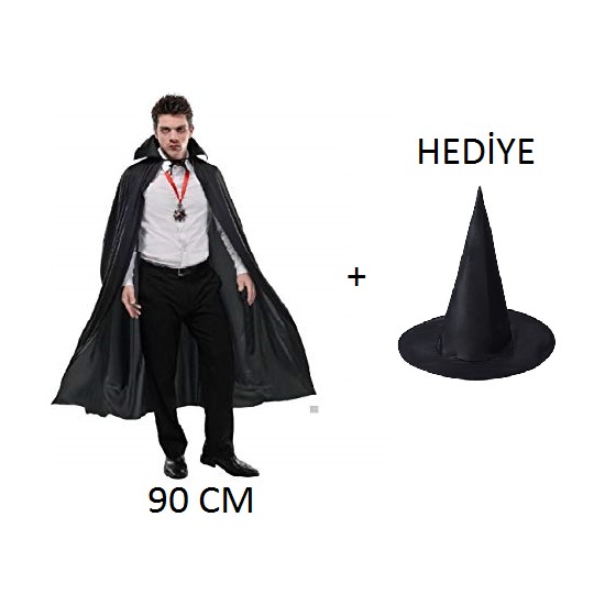 Samur Halloween Yakalı Siyah Pelerin ve Cadı Şapkası