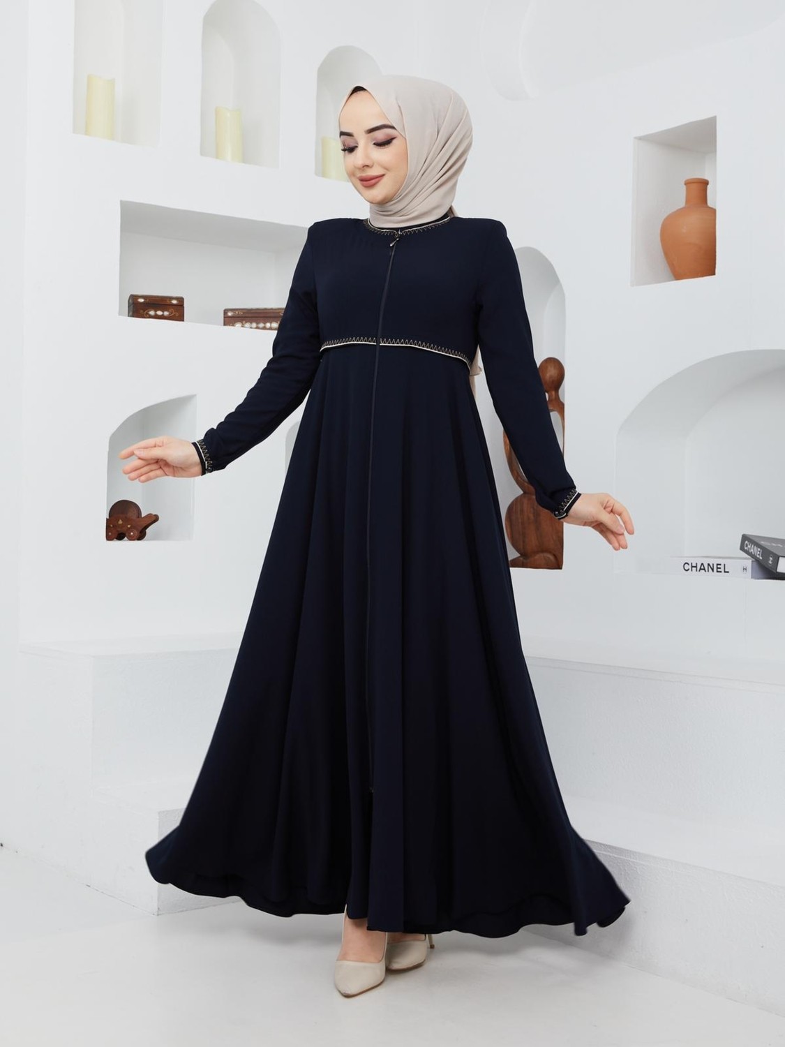 KMK Kombin KMK Yazlık Mevlana Model Kloş Ferace Pardesü Kadın Giyim Desenli Kol ve Beli ile görsel 3