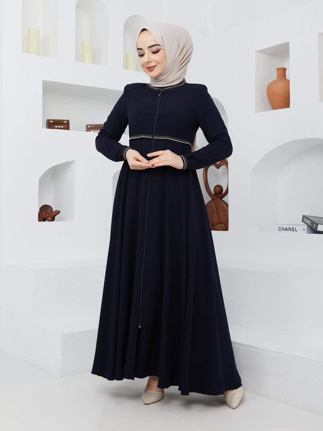 KMK Kombin KMK Yazlık Mevlana Model Kloş Ferace Pardesü Kadın Giyim Desenli Kol ve Beli ile görsel 5