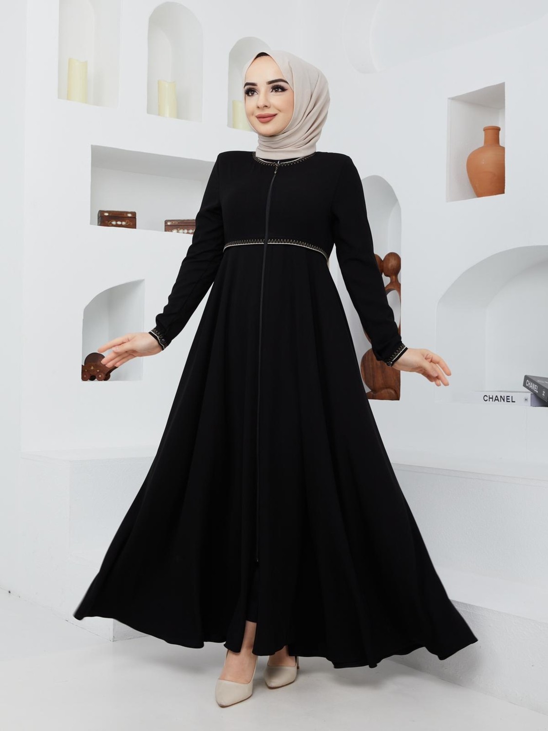 KMK Kombin KMK Yazlık Mevlana Model Kloş Ferace Pardesü Kadın Giyim Desenli Kol ve Beli ile
