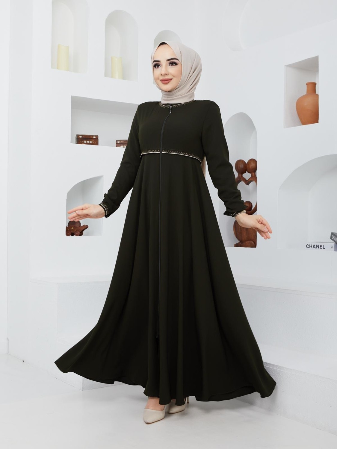 KMK Kombin KMK Yazlık Mevlana Model Kloş Ferace Pardesü Kadın Giyim Desenli Kol ve Beli ile