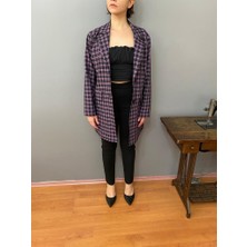 Deseo Boutique Kadın Mor Renk Kareli Desen Şık Blazer Ceket