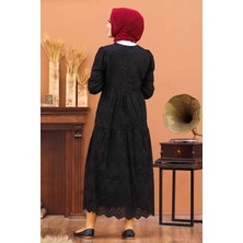 Neva Style - Kol Ucu Lastikli Siyah Tesettür Elbise 1073S