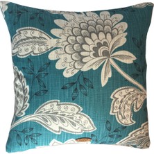 Arasta Design Keten Kırlent Kılıfı, Turkuaz Tropikal Yaprak Desenli, 43 x 43 cm