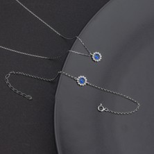 Ravza Gümüş 925 Ayar Gümüş Safir Papatya Model Kolye ve Bileklik Takı Seti