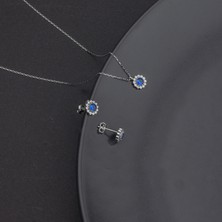 Ravza Gümüş 925 Ayar Gümüş Safir Papatya Model Kolye ve Küpe Takı Seti
