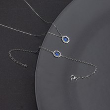 Ravza Gümüş 925 Ayar Gümüş  Oval Safir Model Kolye ve Bileklik Takı Seti