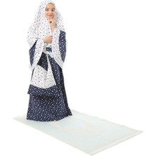 Elanesa Kız Çocuk Namaz Elbisesi 4 Parçalı Seccadeli ve Çantalı Larcivert Rengi Yıldız Baskılı Kemer Desenli