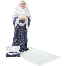 Elanesa Kız Çocuk Namaz Elbisesi 4 Parçalı Seccadeli ve Çantalı Larcivert Rengi Yıldız Baskılı Kemer Desenli